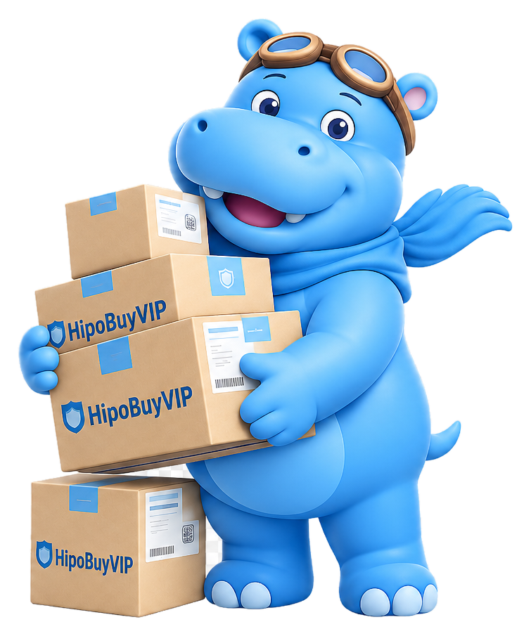 Blue HipoBuyVIP hippo holding shipping boxes