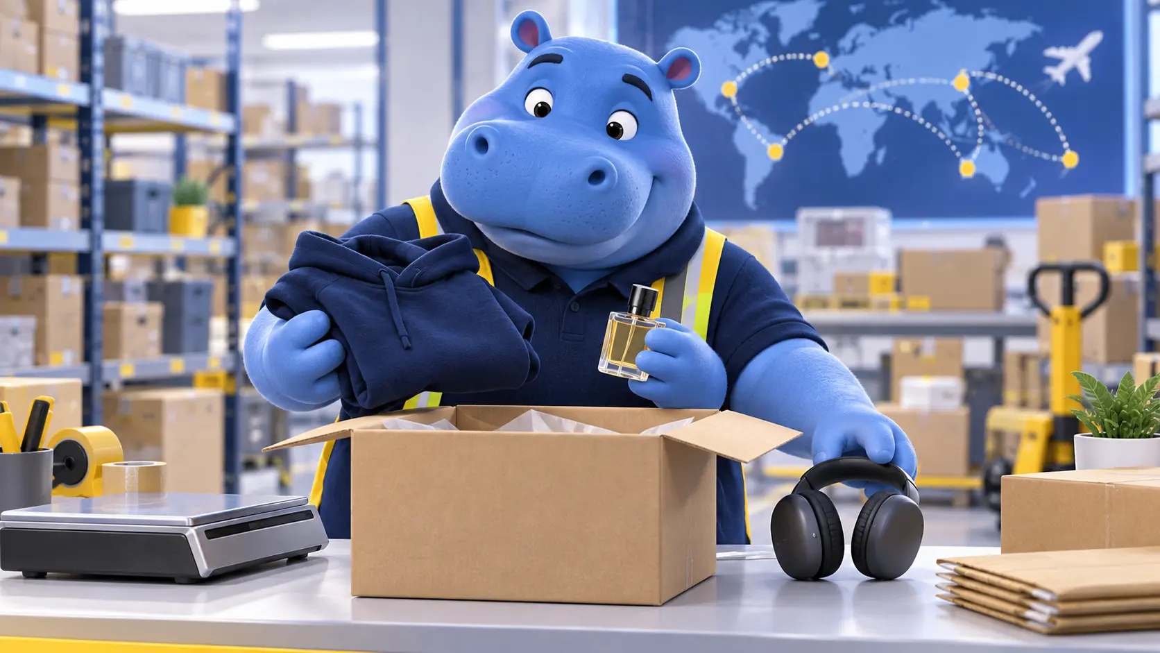 Blue warehouse mascot sorting a hoodie, fragrance bottle and headphones beside an international parcel