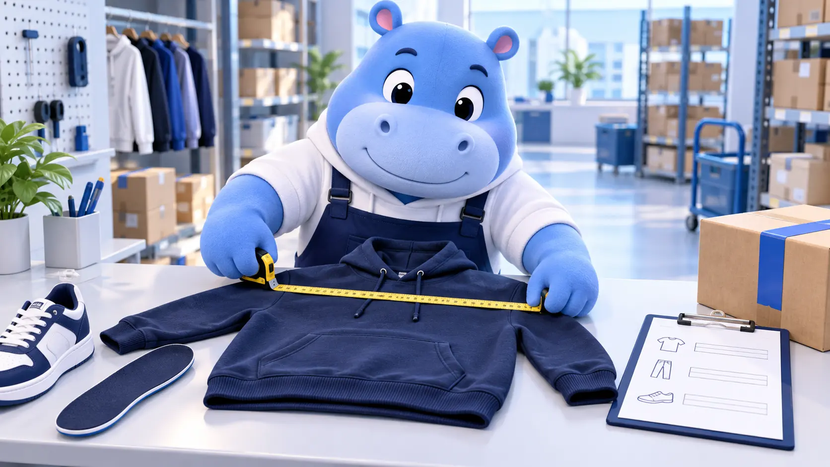 Blue shopping mascot measuring a navy hoodie beside a sneaker insole and parcel in a warehouse